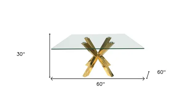 60" Clear and Gold Glass And Metal Cross Leg Base Square Dining Table