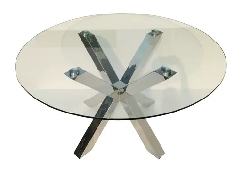 54" Clear and Silver Glass And Metal Cross Leg Base Round Top Dining Table