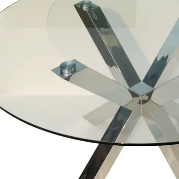 54" Clear and Silver Glass And Metal Cross Leg Base Round Top Dining Table