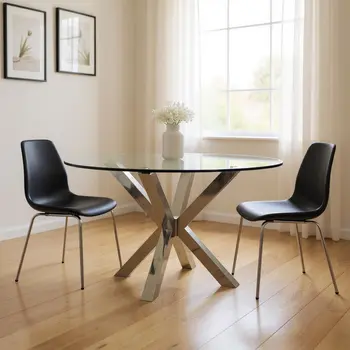 54" Clear and Silver Glass And Metal Cross Leg Base Round Top Dining Table