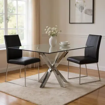 60" Clear and Silver Glass And Metal Cross Leg Base Square Dining Table
