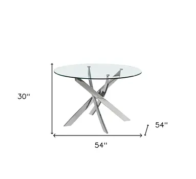 54" Clear and Silver Glass And Metal Cross Leg Base Round Top Dining Table