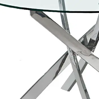 54" Clear and Silver Glass And Metal Cross Leg Base Round Top Dining Table