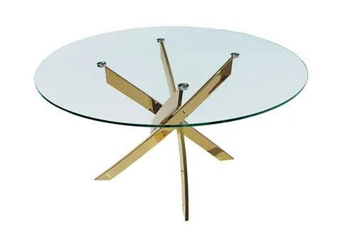 54" Clear and Gold Glass And Metal Cross Leg Base Round Top Dining Table