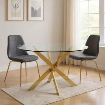 54" Clear and Gold Glass And Metal Cross Leg Base Round Top Dining Table