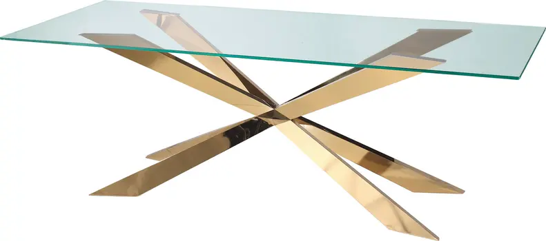 72" Clear and Gold Glass And Metal Cross Leg Base Dining Table