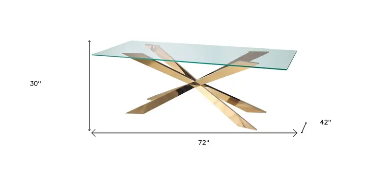 72" Clear and Gold Glass And Metal Cross Leg Base Dining Table