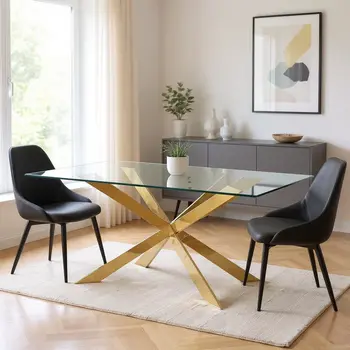 72" Clear and Gold Glass And Metal Cross Leg Base Dining Table