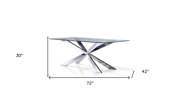 72" Clear and Silver Glass And Metal Cross Leg Base Dining Table