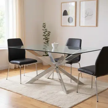 72" Clear and Silver Glass And Metal Cross Leg Base Dining Table