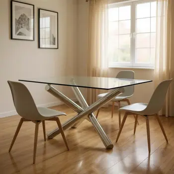 60" Clear and Silver Glass And Metal Cross Leg Base Square Dining Table