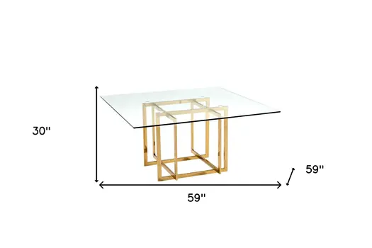 59" Clear and Silver Glass And Metal Pedestal Base Square Dining Table