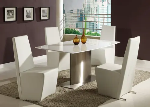 63" White And Silver Marble And Metal Pedestal Base Dining Table