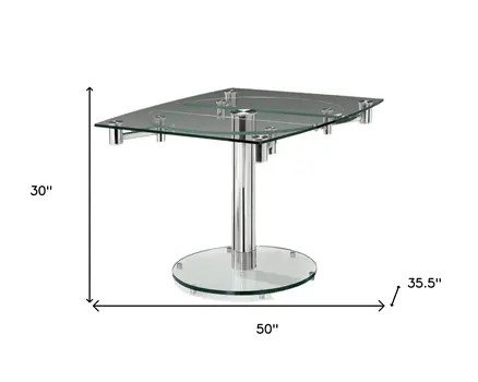 50" Clear And Silver Glass And Metal Self-Storing Leaf Pedestal Base Dining Table