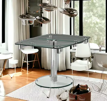 50" Clear And Silver Glass And Metal Self-Storing Leaf Pedestal Base Dining Table
