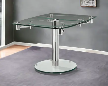 50" Clear And Silver Glass And Metal Self-Storing Leaf Pedestal Base Dining Table