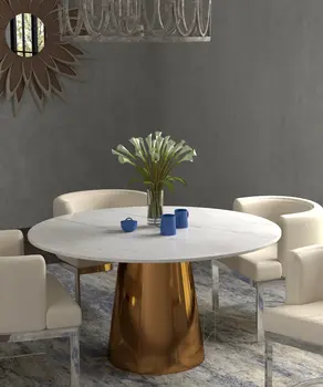 54" White Gray and Gold Marble And Metal Pedestal Base Round Top Dining Table