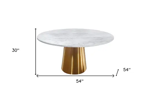 54" White Gray and Gold Marble And Metal Pedestal Base Round Top Dining Table