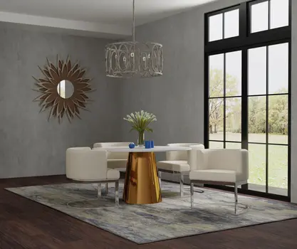 54" White Gray and Gold Marble And Metal Pedestal Base Round Top Dining Table