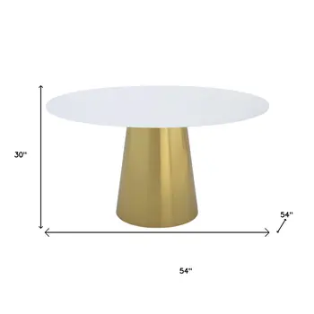 54" White Gray and Gold Marble And Metal Pedestal Base Round Top Dining Table