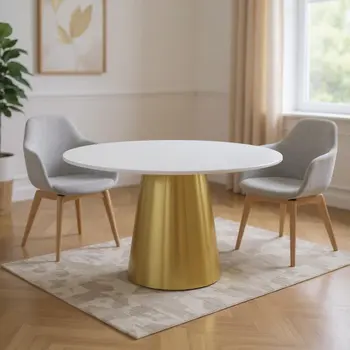 54" White Gray and Gold Marble And Metal Pedestal Base Round Top Dining Table