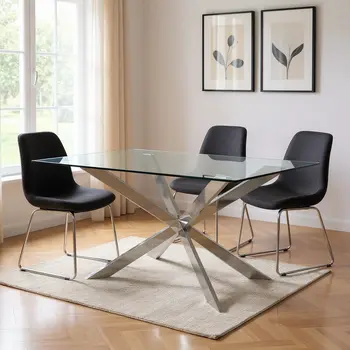 87" Clear and Silver Glass And Metal Cross Leg Base Dining Table