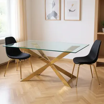 87" Clear and Gold Glass And Metal Cross Leg Base Dining Table