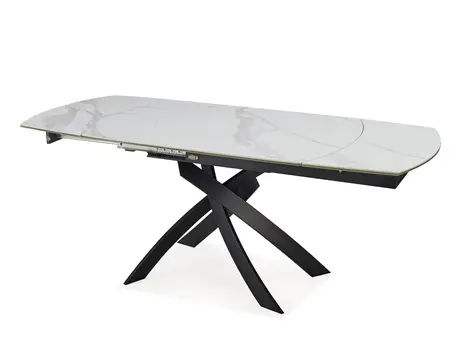 47" White Gray and Black Ceramic And Metal Self-Storing Leaf Cross Leg Base Oval Extendable Dining Table