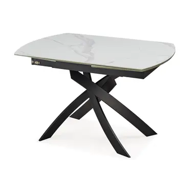 47" White Gray and Black Ceramic And Metal Self-Storing Leaf Cross Leg Base Oval Extendable Dining Table