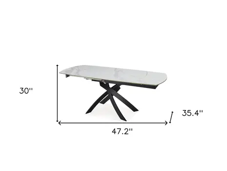 47" White Gray and Black Ceramic And Metal Self-Storing Leaf Cross Leg Base Oval Extendable Dining Table