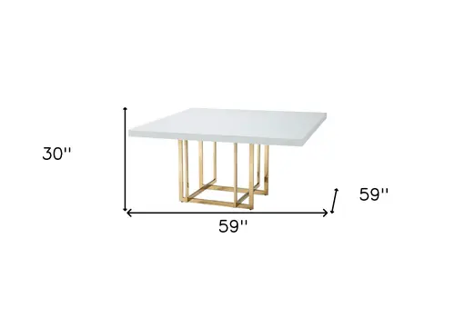 59" White and Gold Wood And Metal Pedestal Base Square Dining Table