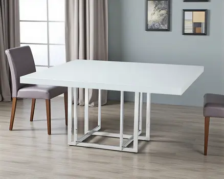 59" White and Silver Wood And Metal Pedestal Base Square Dining Table
