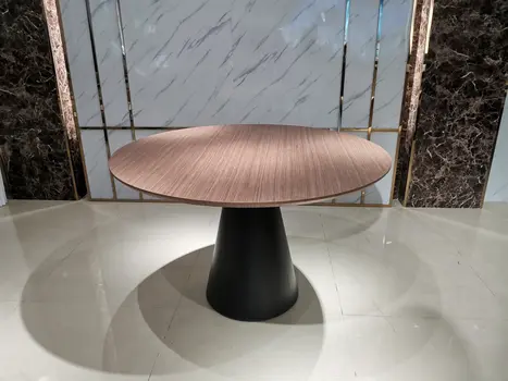 48" Brown and Black Wood And Metal Pedestal Base Round Top Dining Table