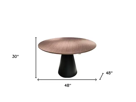 48" Brown and Black Wood And Metal Pedestal Base Round Top Dining Table