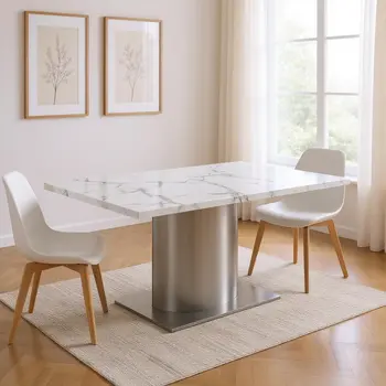 72" White Gray and Silver Marble And Stainless Steel Pedestal Base Dining Table