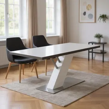 63" White and Silver Wood And Metal Pedestal Base Dining Table