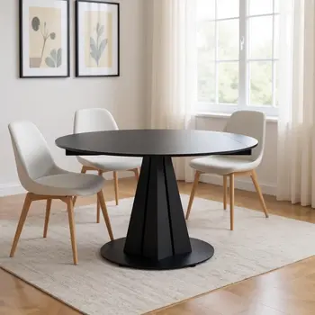 51" Black Stone And Metal Self-Storing Leaf Pedestal Base Round Top Extendable Dining Table