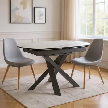 47" White and Gray Ceramic And Metal Self-Storing Leaf Cross Leg Base Oval Extendable Dining Table
