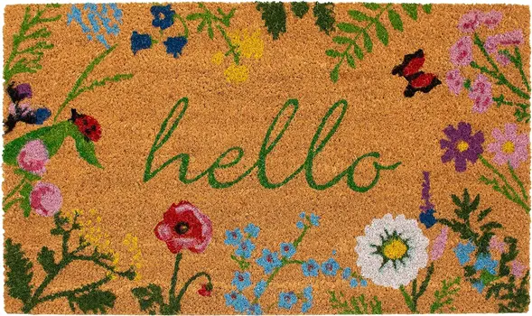 17" X 29" Natural and Green Coir Floral Hello Outdoor Door Mat