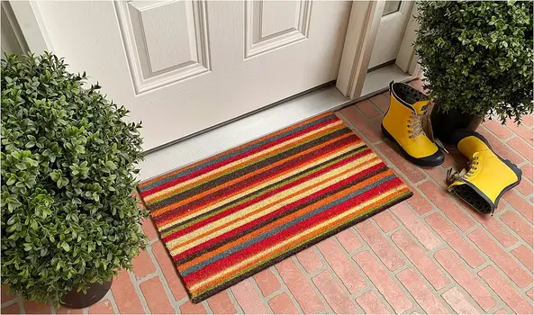 17" X 29" Red Orange and Natural Coir Striped Outdoor Door Mat