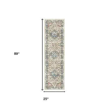 8' Beige Oriental Distressed Runner Rug With Fringe