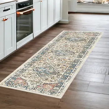 8' Beige Oriental Distressed Runner Rug With Fringe