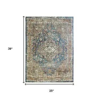 2' X 3' Blue and Brown Oriental Distressed Area Rug With Fringe