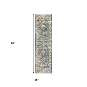 8' Blue and Brown Oriental Distressed Runner Rug With Fringe