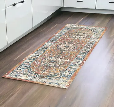 8' Rust Oriental Distressed Runner Rug With Fringe