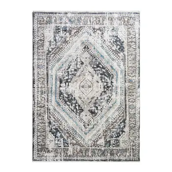 2' X 3' Gray Beige and Blue Geometric Distressed Area Rug With Fringe