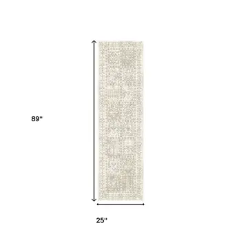 8' Ivory Oriental Distressed Runner Rug With Fringe
