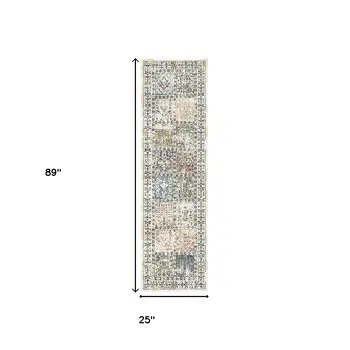 8' Ivory Blue and Gray Patchwork Distressed Runner Rug With Fringe