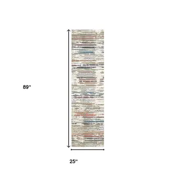 8' Beige Geometric Distressed Runner Rug With Fringe