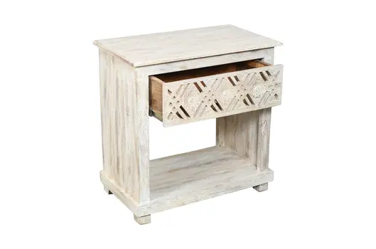 28" White Solid Wood Distressed Carved Geometric One Drawer Nightstand
